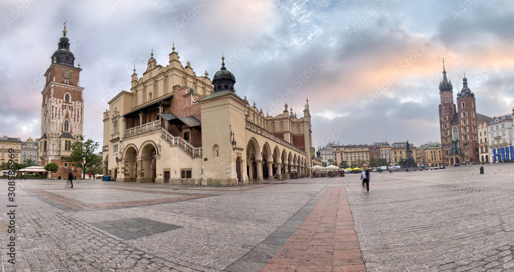Cloth Hall and St Mary s Church at Main Market Square in Cracow Poland	