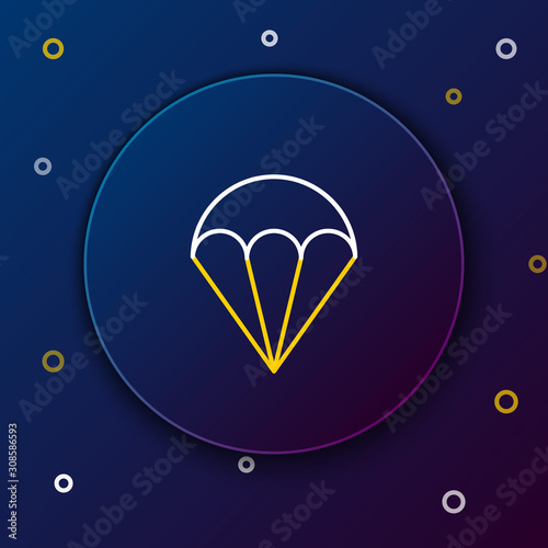 White and yellow line Parachute icon isolated on dark blue background. Extreme sport. Sport equipment. Colorful outline concept. Vector Illustration