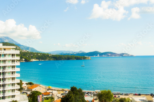 Sutomore settlement near Stari Bar (Old Bar), Montenegro, the different view of seascape of bay of  Sutomore of Adriatic sea, beach, suburb nature, mountains, forest photo