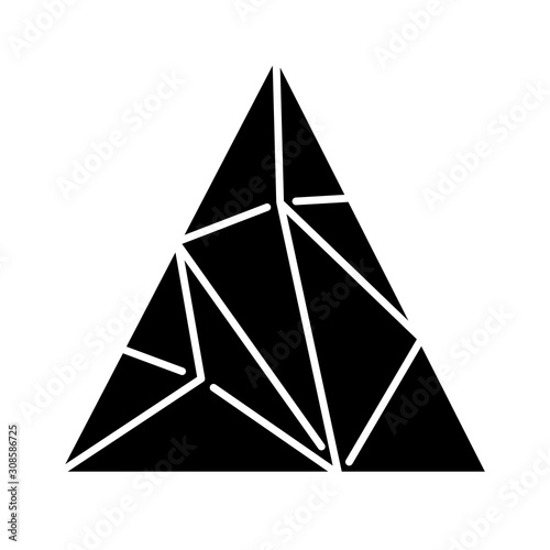 Polygonal triangle glyph icon. Geometric flat figure. Fractal structure. Triangular element. Solid abstract shape. Isometric form. Silhouette symbol. Negative space. Vector isolated illustration