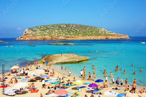 the famous and fantastic popular beach of Cala Comte in Ibiza, Balearic island. Beautiful for summer holidays
