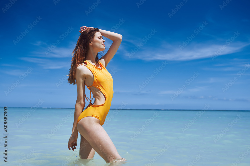 beautiful woman swimsuit beach island resort