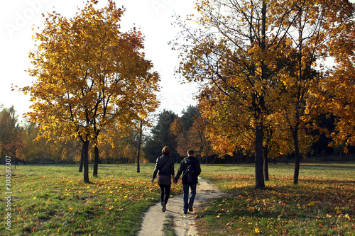 A couple is walking in an autumn park.