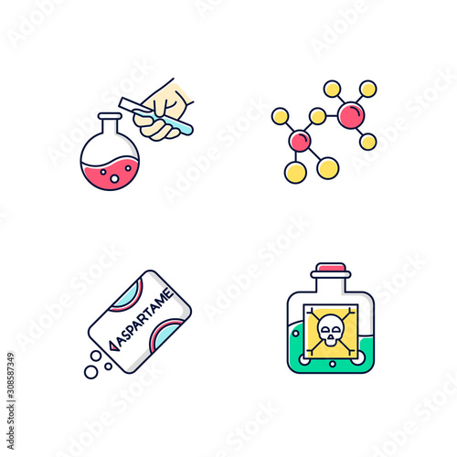 Science development color icons set. Biotechnologies products. Artificial sweetener. Working in laboratory. Producing chemical liquids. Organic chemistry research. Isolated vector illustrations photo