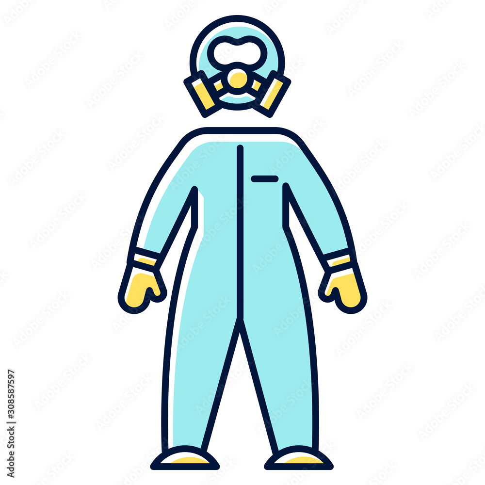 Blue protective suit color icon. Chemical industries. Biohazard, radioactive, dangerous elements protection. Safety of worker health. Organic chemistry. Isolated vector illustration Blue protective suit color icon. Chemical industries. Biohazard, radioactive, dangerous elements protection. Safety of worker health. Organic chemistry. Isolated vector illustration