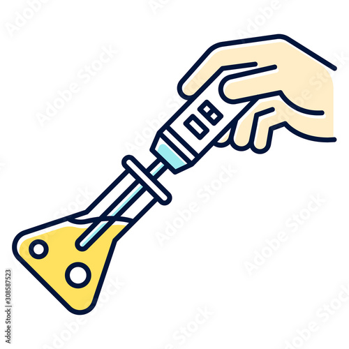 Testing reactives in lab flask color icon. Organic chemistry. Conducting experiment. Laboratory work. Interaction with chemicals. Scientific research, practice. Isolated vector illustration