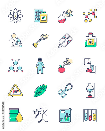 Science and nature interaction color icons set. Biotechnologies equipment. Experiment methodology. Working in laboratory. Products synthesis. Organic chemistry research. Isolated vector illustrations