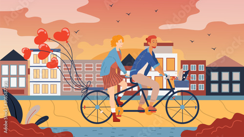 Young Loving Couple Riding Tandem Bicycle Together by the city street. Summer Time Vacation Sparetime, Leisure, Romantic Voyage. Love Relations. Flat style. Vector Illustration