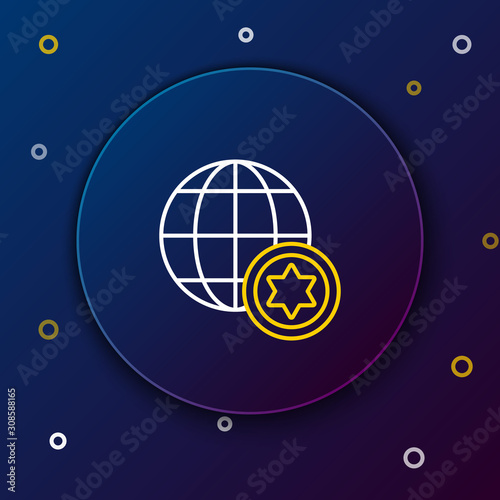 White and yellow line World Globe and Israel icon isolated on dark blue background. Colorful outline concept. Vector Illustration