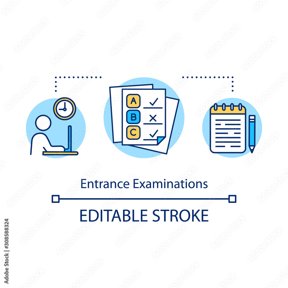 Entrance examinations concept icon. Check knowledge and level of training. University entry exam. Passing test idea thin line illustration. Vector isolated outline drawing. Editable stroke Entrance examinations concept icon. Check knowledge and level of training. University entry exam. Passing test idea thin line illustration. Vector isolated outline drawing. Editable stroke