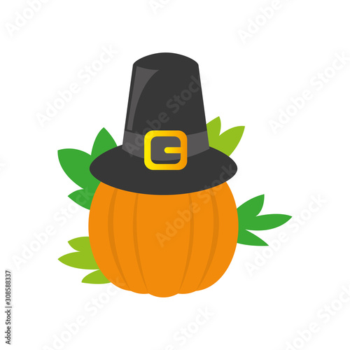 Pumpkin icon with a pilgrim hat - Vector