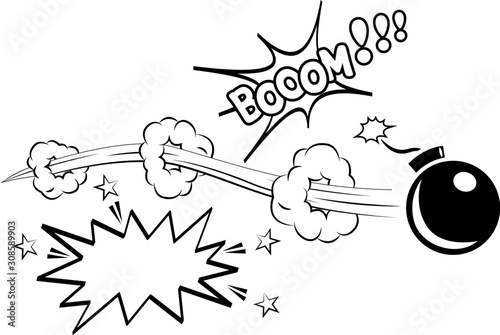 Shot from cannon. Flying bomb. Set Funny comic element. Cloud and smoke about blast. Line and trace. Black and white Hand drawn shot. Cartoon illustration, vector