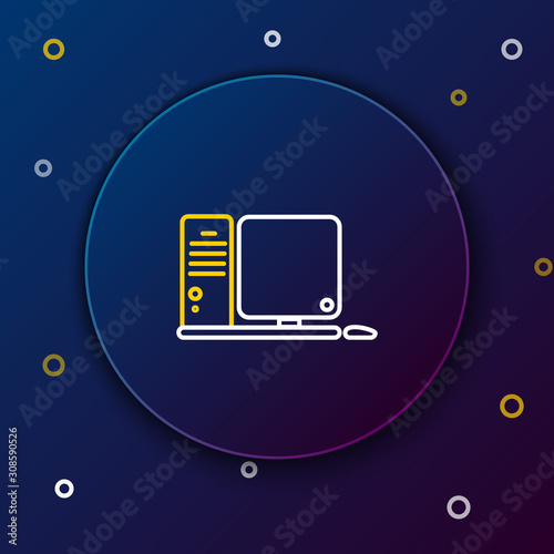 White and yellow line Computer monitor with keyboard and mouse icon isolated on dark blue background. PC component sign. Colorful outline concept. Vector Illustration