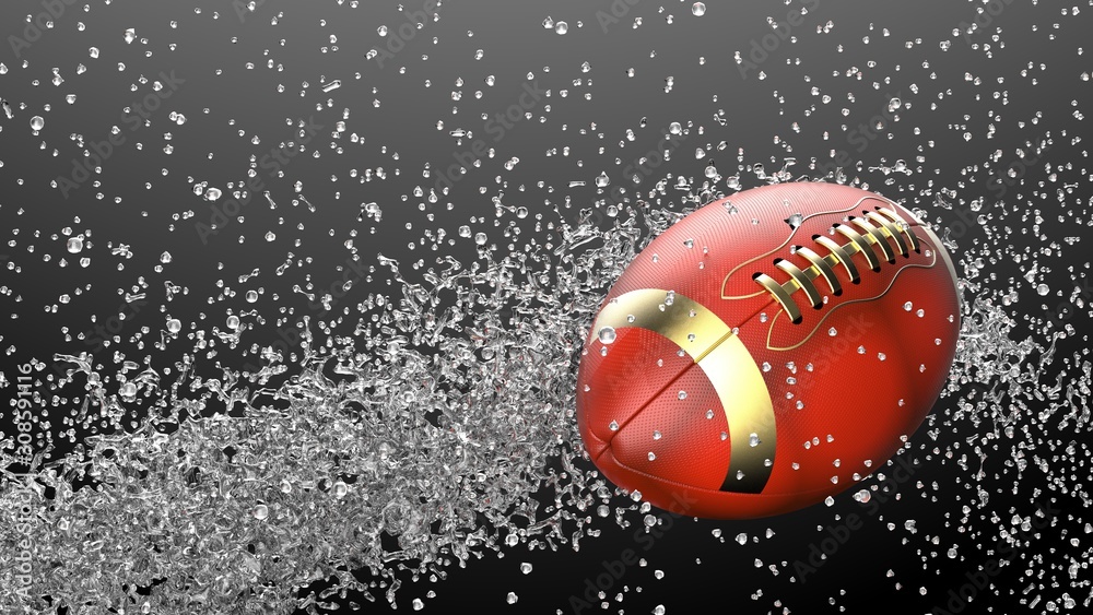 Brown Leather and Metallic Gold American Football Ball with Water Particles. 3D illustration. 3D high quality rendering. Brown Leather and Metallic Gold American Football Ball with Water Particles. 3D illustration. 3D high quality rendering.