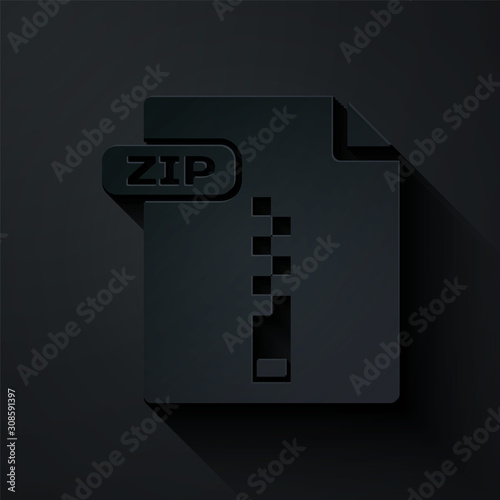 Paper cut ZIP file document. Download zip button icon isolated on black background. ZIP file symbol. Paper art style. Vector Illustration