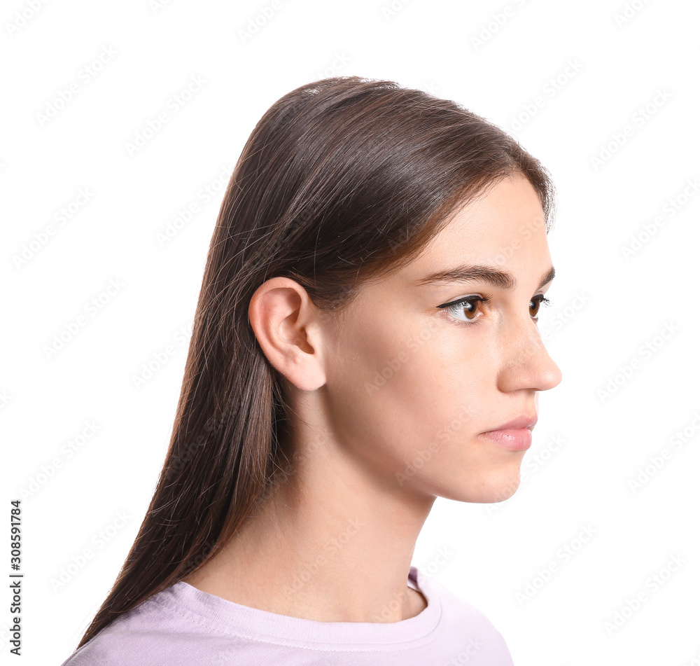 Young woman with hearing problem on white background Young woman with hearing problem on white background