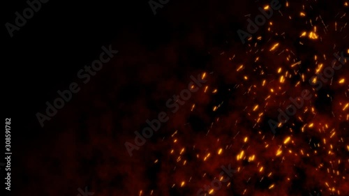 Burning red hot flying sparks fire in the night sky. Beautiful abstract background flying wing shape on black background.
