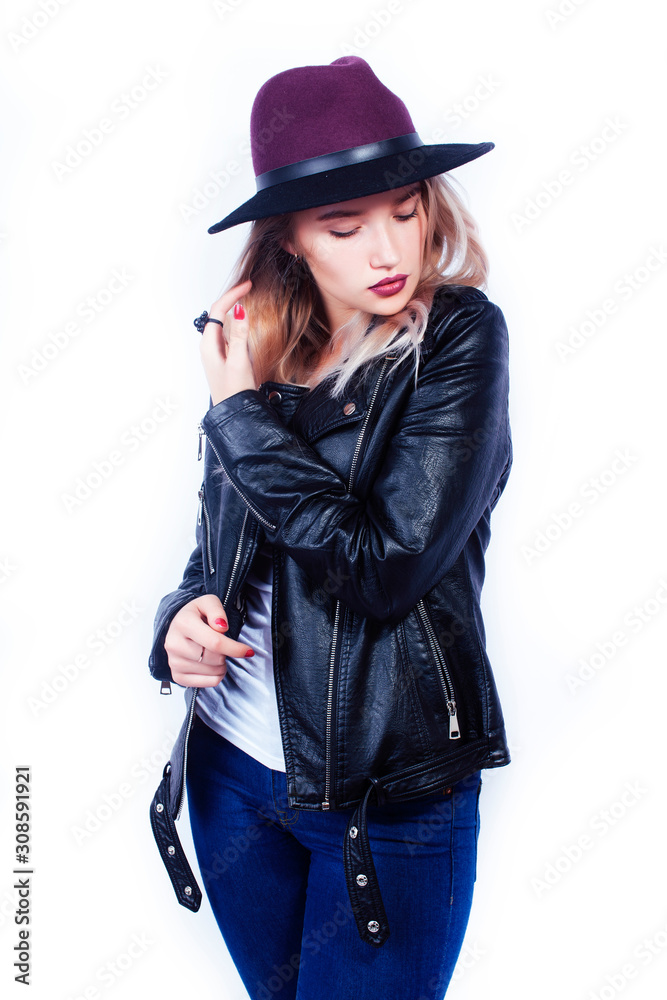 young pretty blond girl hipster in hat posing smiling happy isolated on white background, lifestyle people concept young pretty blond girl hipster in hat posing smiling happy isolated on white background, lifestyle people concept