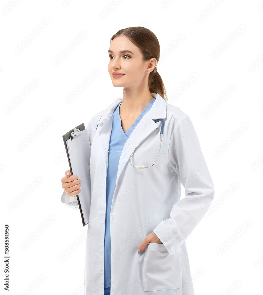 Portrait of female doctor with clipboard on white background Portrait of female doctor with clipboard on white background