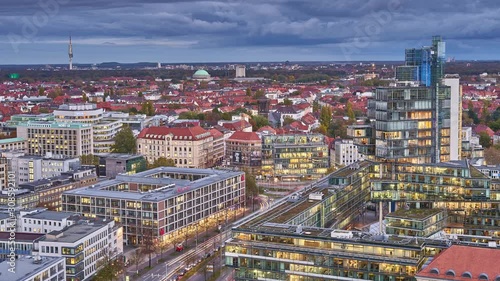 Beautiful evening aerial view of Hannover skyline cityscape. Time lapse.