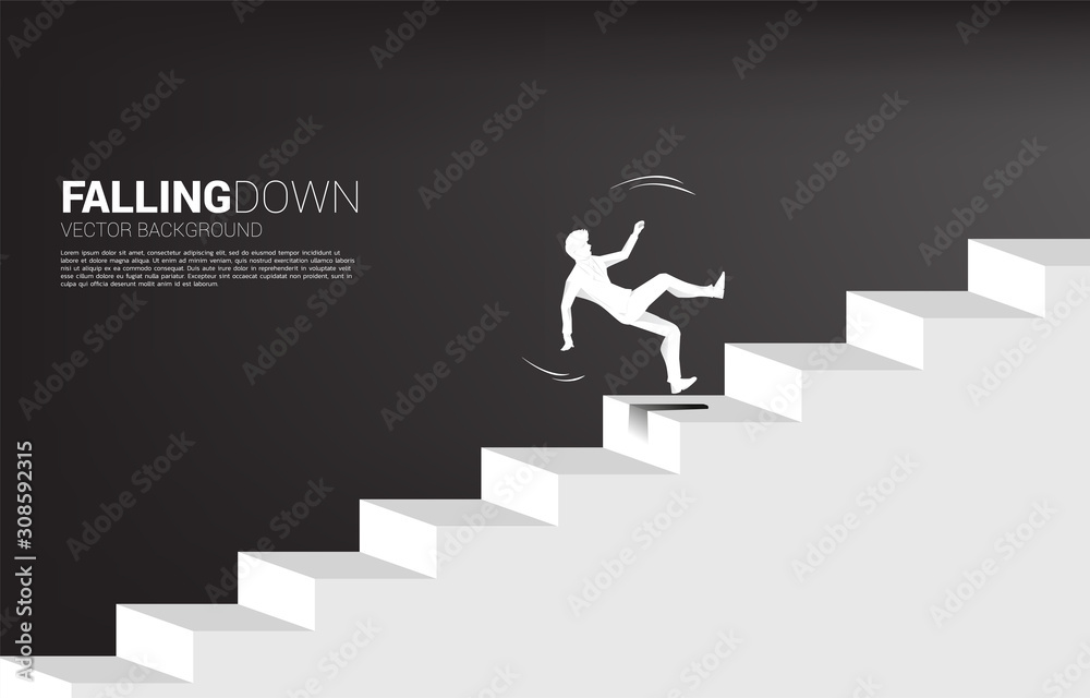 silhouette of businessman slip on stair. Concept for fail and