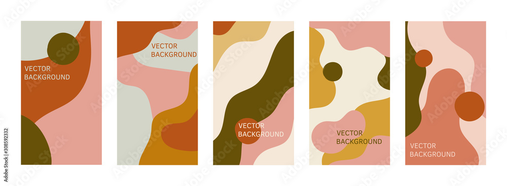 Collection of simple design templates for backgrounds and social media stories. Vector set of abstract creative backgrounds in minimal trendy style. Space text. Pink, beige, mustard and green colors