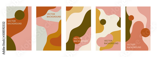 Collection of simple design templates for backgrounds and social media stories. Vector set of abstract creative backgrounds in minimal trendy style. Space text. Pink, beige, mustard and green colors