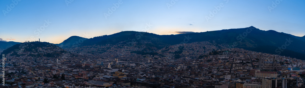 Summer sunset in Quito, panoramic view of the old city