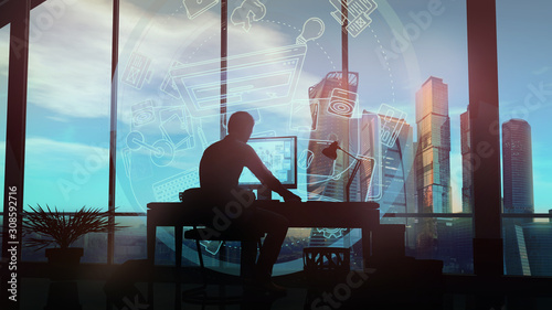Web designer in his office on infographic background.