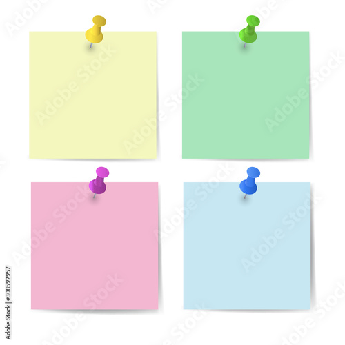 Memo paper with pins for office paperwork. Fastener, paperclip with blank notepaper. Attaching binder with white note sheet. Set of isolated color paperclip for text. Clips and list. vector eps10