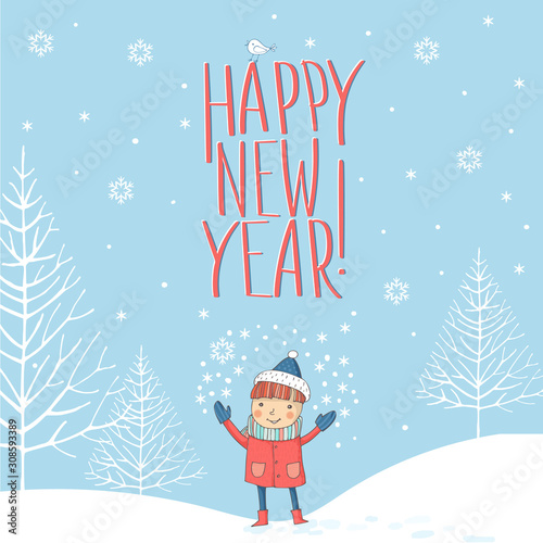 Vector image of a happy boy in a hat and mittens under the snow and under the inscription "happy new year" on a blue background with a Scandinavian style
