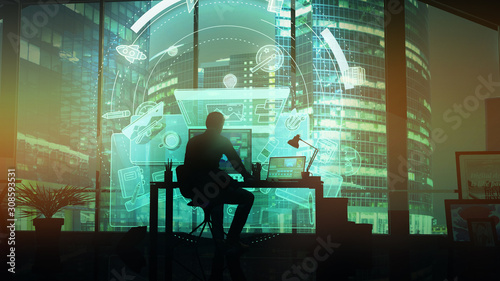 Silhouette of a designer at the desk on infographic background.