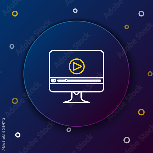 White and yellow line Online play video icon isolated on dark blue background. Computer monitor and film strip with play sign. Colorful outline concept. Vector Illustration