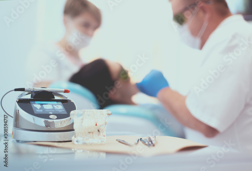 Dental equipment tools dentist medicine on desk photo