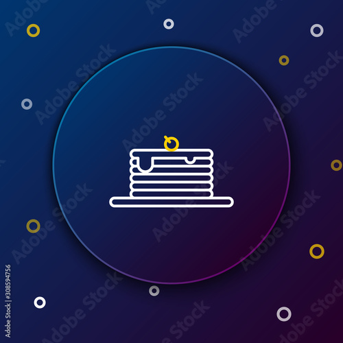 White and yellow line Stack of pancakes icon isolated on dark blue background. Baking with syrup and cherry. Breakfast concept. Colorful outline concept. Vector Illustration
