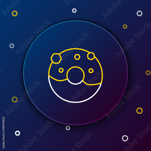 White and yellow line Donut with sweet glaze icon isolated on dark blue background. Colorful outline concept. Vector Illustration