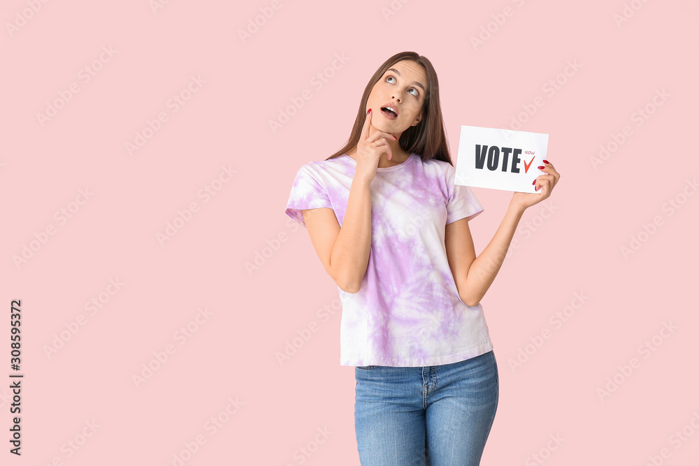 Thoughtful woman holding paper with text VOTE on color background