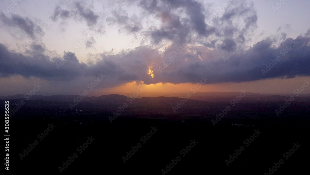 View from The Beacon with sunset, Malvern Hills, Worcestershire UK