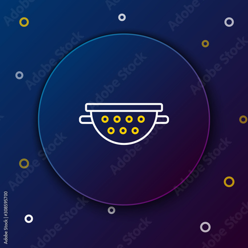 White and yellow line Kitchen colander icon isolated on dark blue background. Cooking utensil. Cutlery sign. Colorful outline concept. Vector Illustration