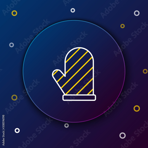 White and yellow line Oven glove icon isolated on dark blue background. Kitchen potholder sign. Cooking glove. Colorful outline concept. Vector Illustration