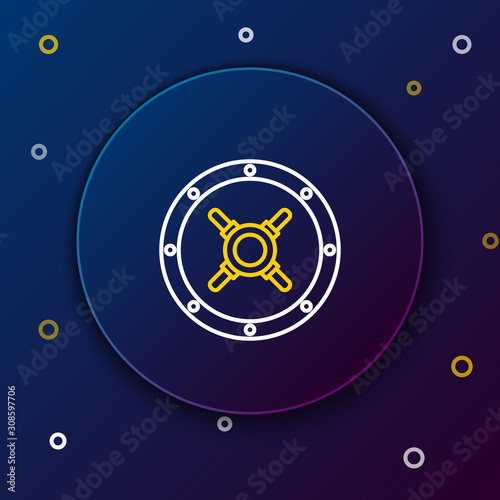 White and yellow line Safe icon isolated on blue background. The door safe a bank vault with a combination lock. Reliable Data Protection. Colorful outline concept. Vector Illustration