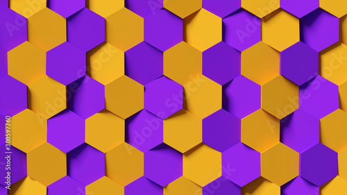 Fototapeta Naklejka Na Ścianę i Meble -  Abstract purple and yellow hexagon background; 3d honeycomb pattern composition 3d rendering, 3d illustration