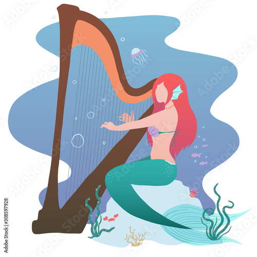 Mermaid is sitting on a stone and plays the harp