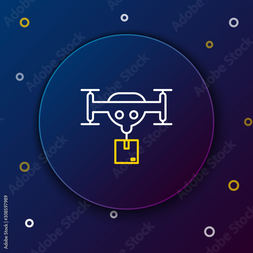 White and yellow line Delivery drone with the package icon isolated on blue background. Drone delivering cardboard box. Colorful outline concept. Vector Illustration