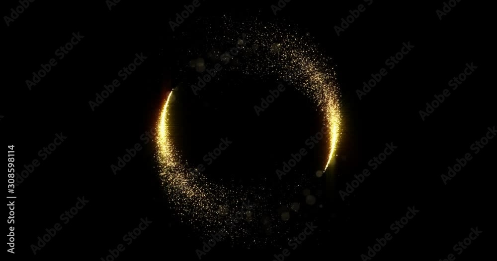 Gold glitter circle trails, glittering light shine sparkles ring on black background. Christmas and New Year holiday magic glow confetti and firework glittering sparks frame