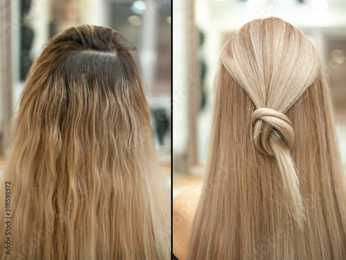 Appearance of hair blonde woman before and after dyeing