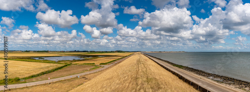 Landscape of the Netherlands, Dyke on the island of Texel suffer during extreme drought. Typical polder landscape with 'Dutch' clouds and Wadden Sea. Flood control.