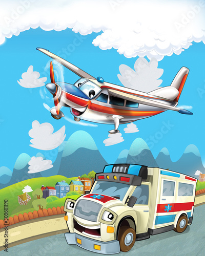 cartoon scene in the city with happy ambulance driving through the city and plane is flying - illustration for children