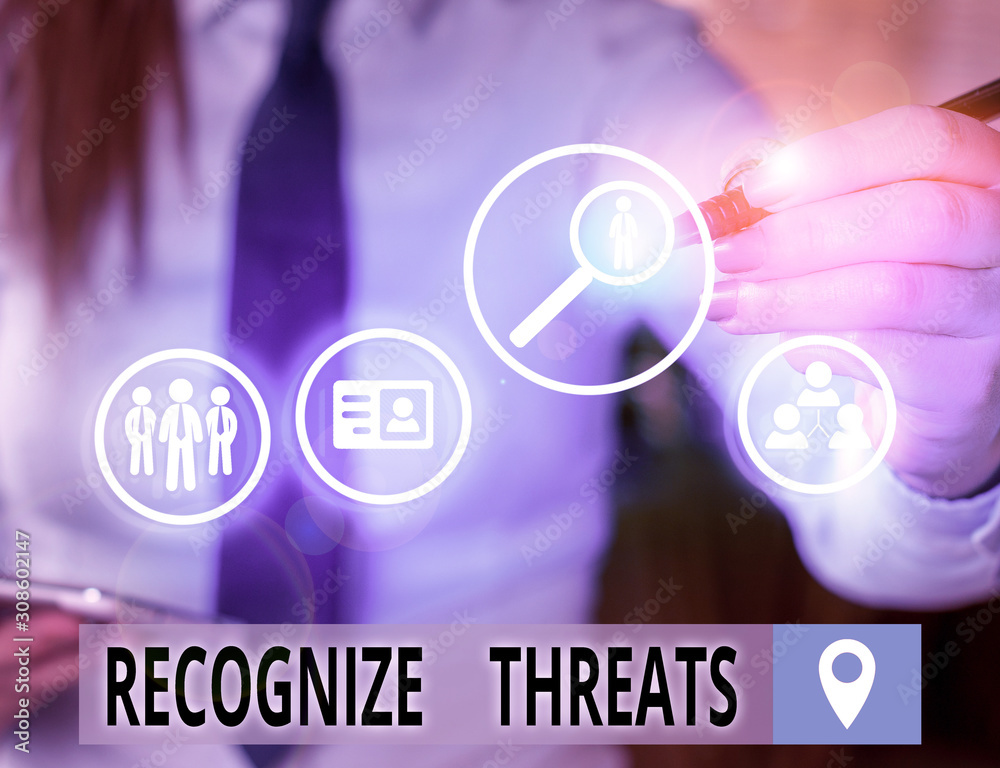 Text sign showing Recognize Threats. Business photo text potential to cause serious harm to a computer system Text sign showing Recognize Threats. Business photo text potential to cause serious harm to a computer system