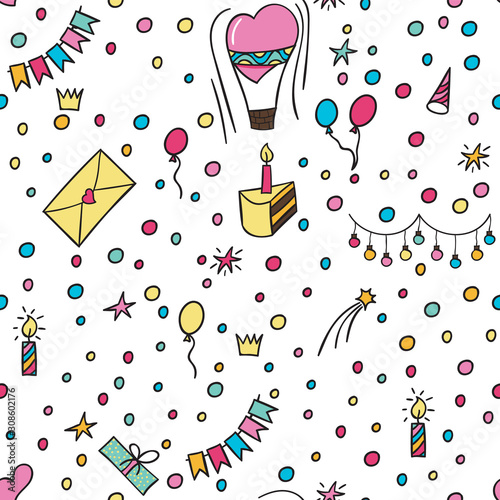 Hand drawn party doodle happy birthday party background. With air balloons, candles, stars, and bunting flags garlands. - Vector